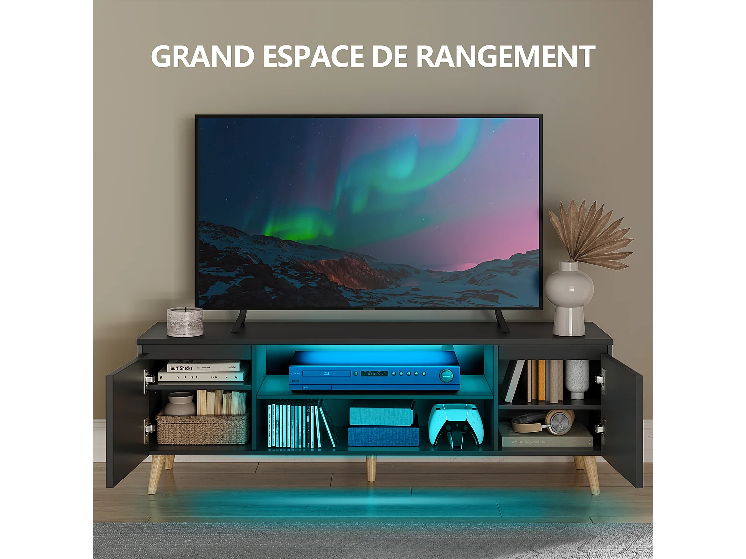 Meuble TV LED 120 cm HavenlyHome, Support TV avec 2 Portes et 2 Etagères, pour Télévision jusqu'à 55", pour Salon et Chambre, Noir