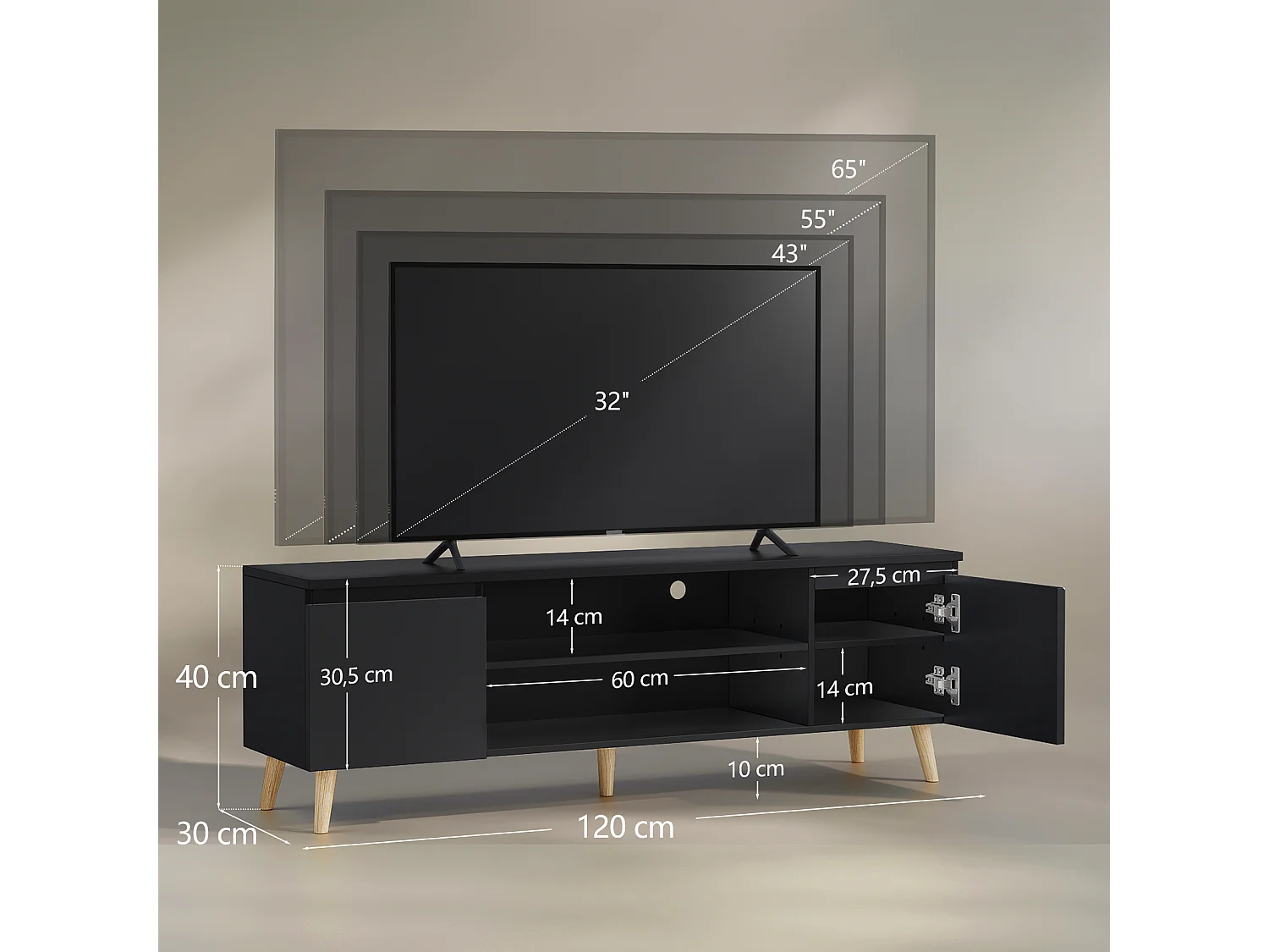Meuble TV LED 120 cm HavenlyHome, Support TV avec 2 Portes et 2 Etagères, pour Télévision jusqu'à 55", pour Salon et Chambre, Noir
