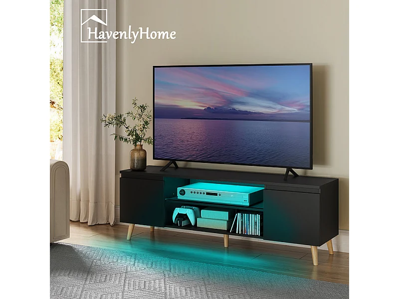 Meuble TV LED 120 cm HavenlyHome, Support TV avec 2 Portes et 2 Etagères, pour Télévision jusqu'à 55", pour Salon et Chambre, Noir