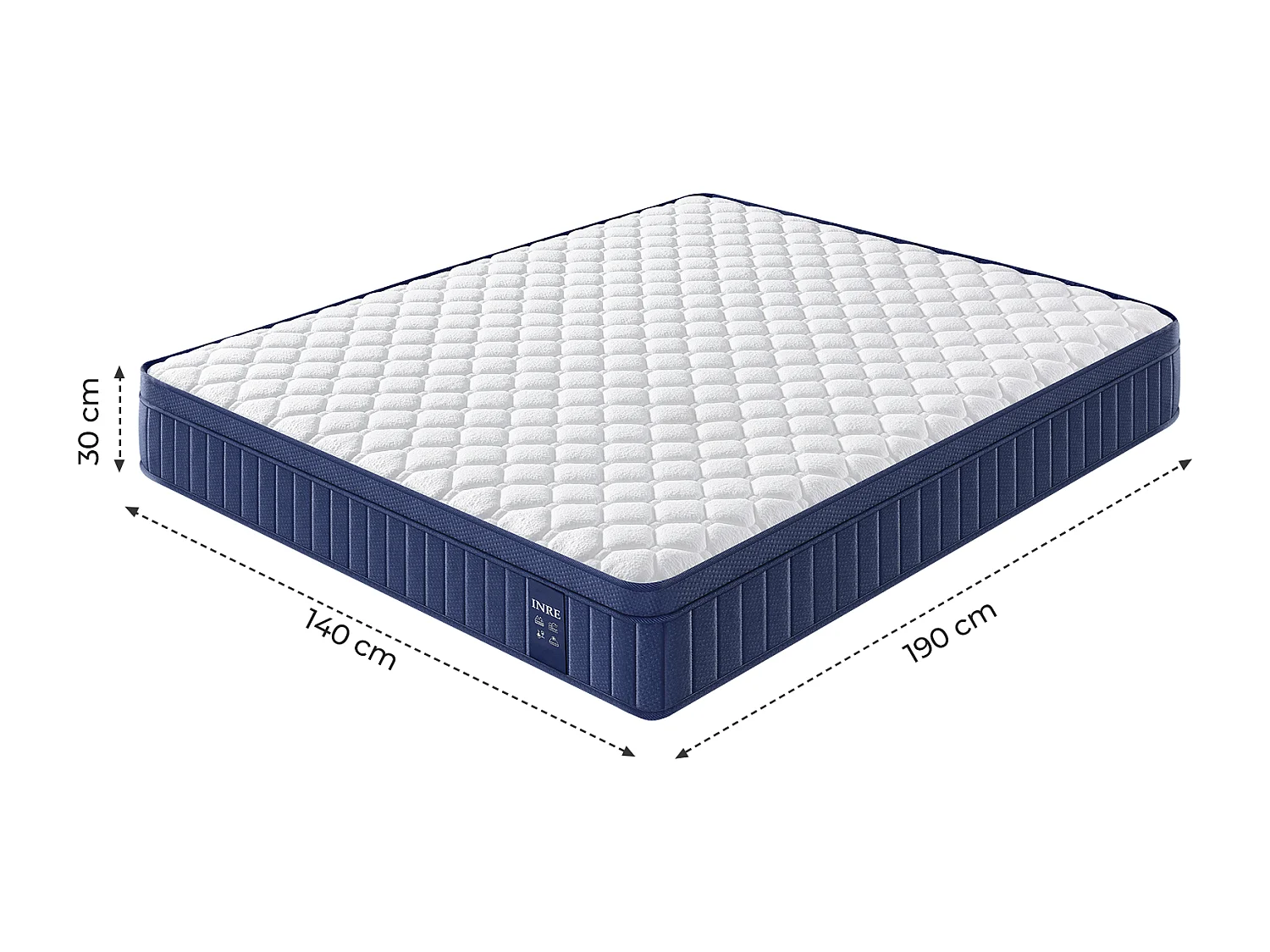 Matelas 140x190 cm INRE, Épais 30cm, Matelas Hybride, Ressorts Ensachés Mémoire de Forme, 7 Zones, Ferme
