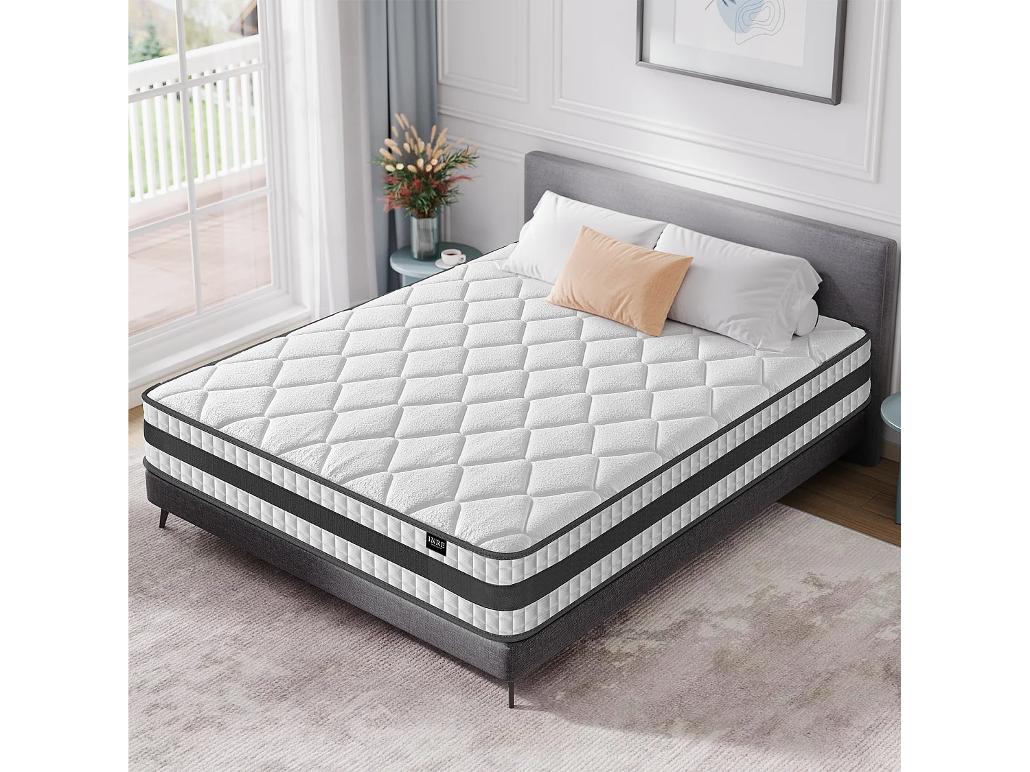 Matelas Hybride 160x200 cm INRE, Épais 25cm, Ressorts Ensachés + Mémoire de Forme, Moyenne Ferme, 7 Zones de Confort, Respirant