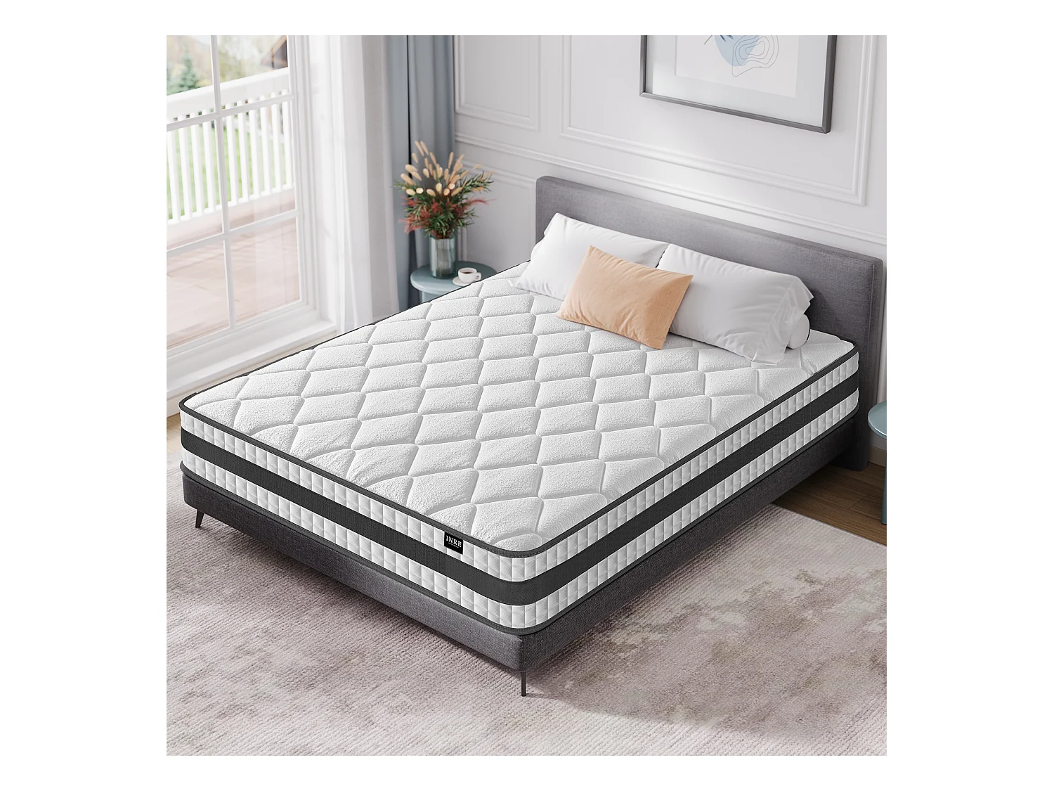 Matelas Hybride 140x190 cm INRE, Épais 25cm, Ressorts Ensachés + Mémoire de Forme, Moyenne Ferme, 7 Zones de Confort, Respirant