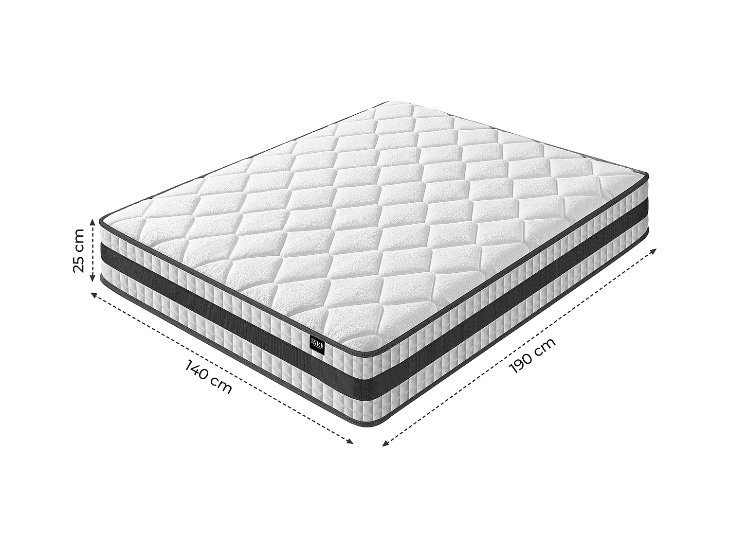 Matelas Hybride 140x190 cm INRE, Épais 25cm, Ressorts Ensachés + Mémoire de Forme, Moyenne Ferme, 7 Zones de Confort, Respirant