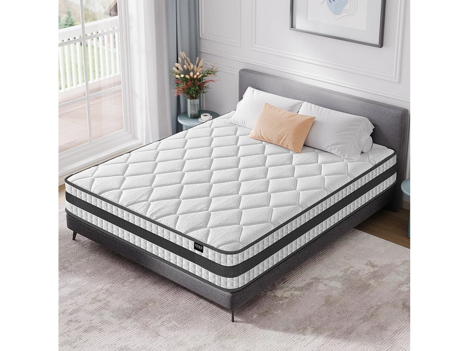 Matelas Hybride 140x190 cm INRE, Épais 25cm, Ressorts Ensachés + Mémoire de Forme, Moyenne Ferme, 7 Zones de Confort, Respirant