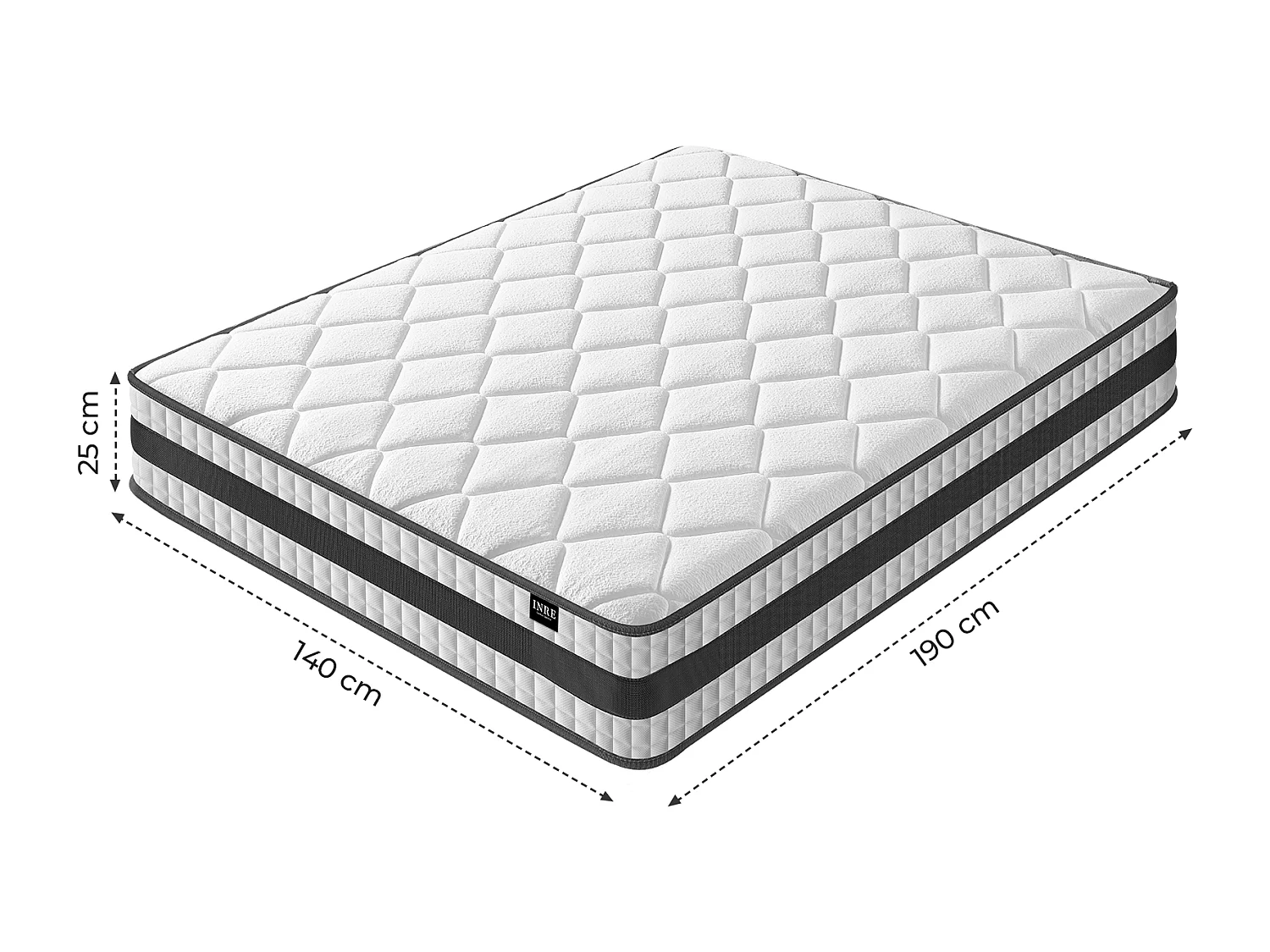 Matelas Hybride 140x190 cm INRE, Épais 25cm, Ressorts Ensachés + Mémoire de Forme, Moyenne Ferme, 7 Zones de Confort, Respirant