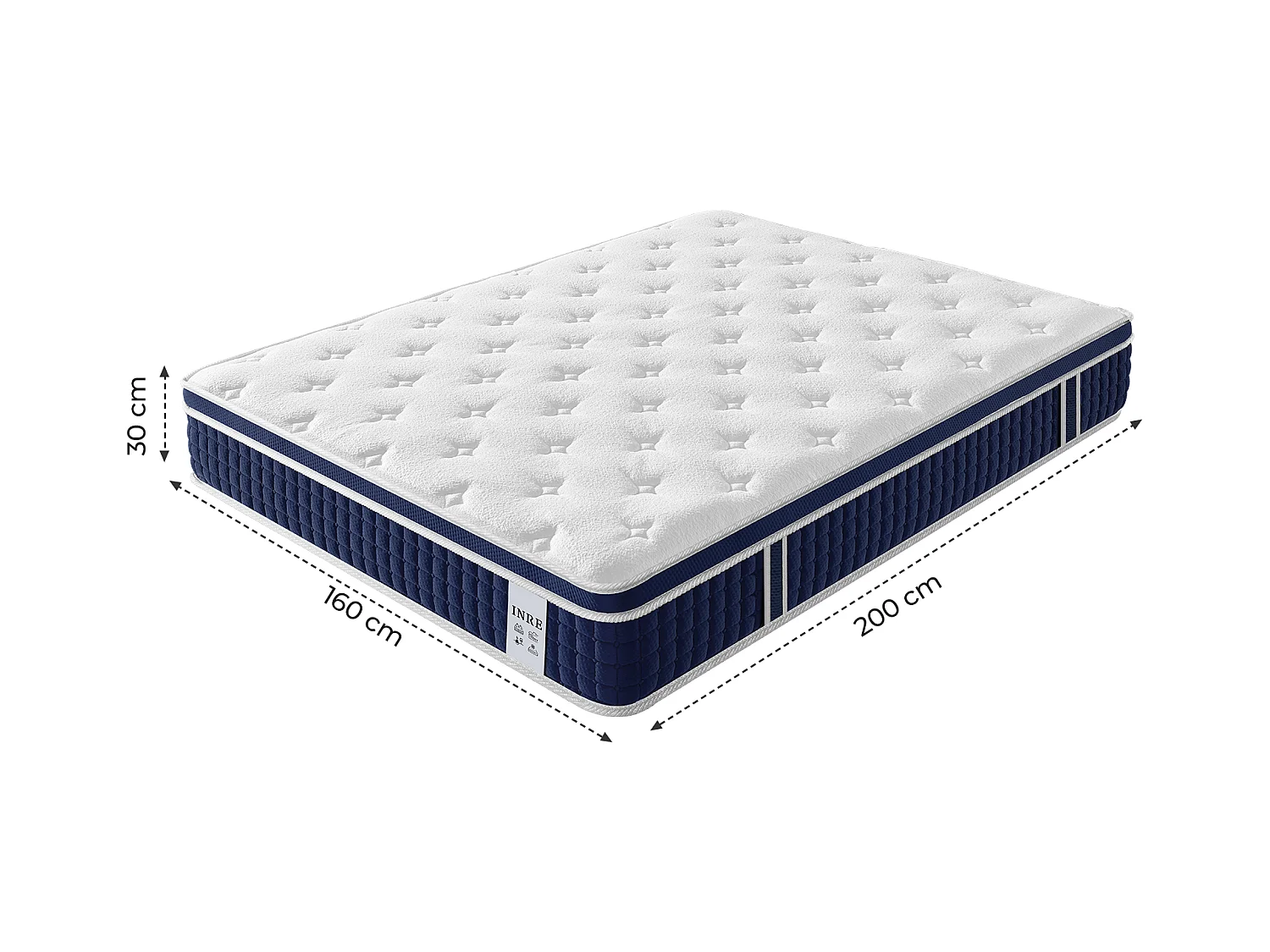 Matelas 160x200 cm INRE, Épais 30 cm, Matelas Hybride avec Ressorts Ensachés et Mousse à Mémoire de Forme, Soutien 7 Zones, Moyenne Ferme