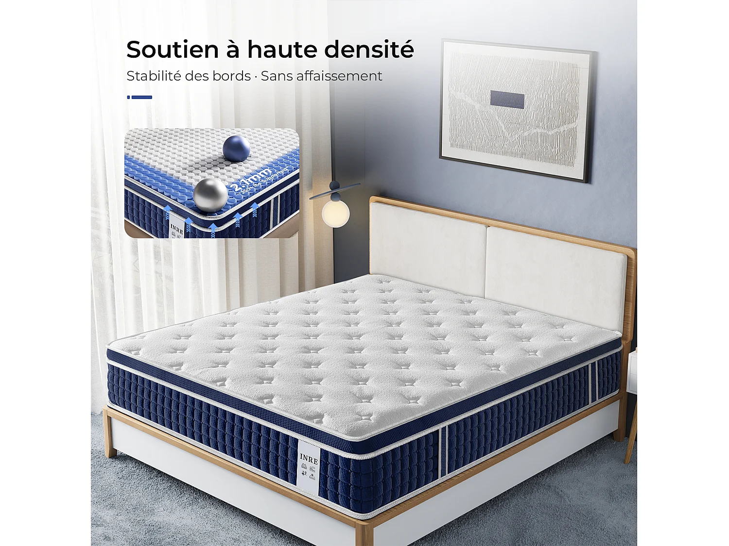 Matelas 160x200 cm INRE, Épais 30 cm, Matelas Hybride avec Ressorts Ensachés et Mousse à Mémoire de Forme, Soutien 7 Zones, Moyenne Ferme