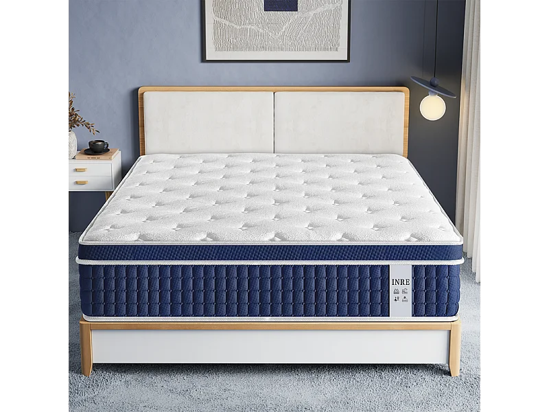 Matelas 160x200 cm INRE, Épais 30 cm, Matelas Hybride avec Ressorts Ensachés et Mousse à Mémoire de Forme, Soutien 7 Zones, Moyenne Ferme