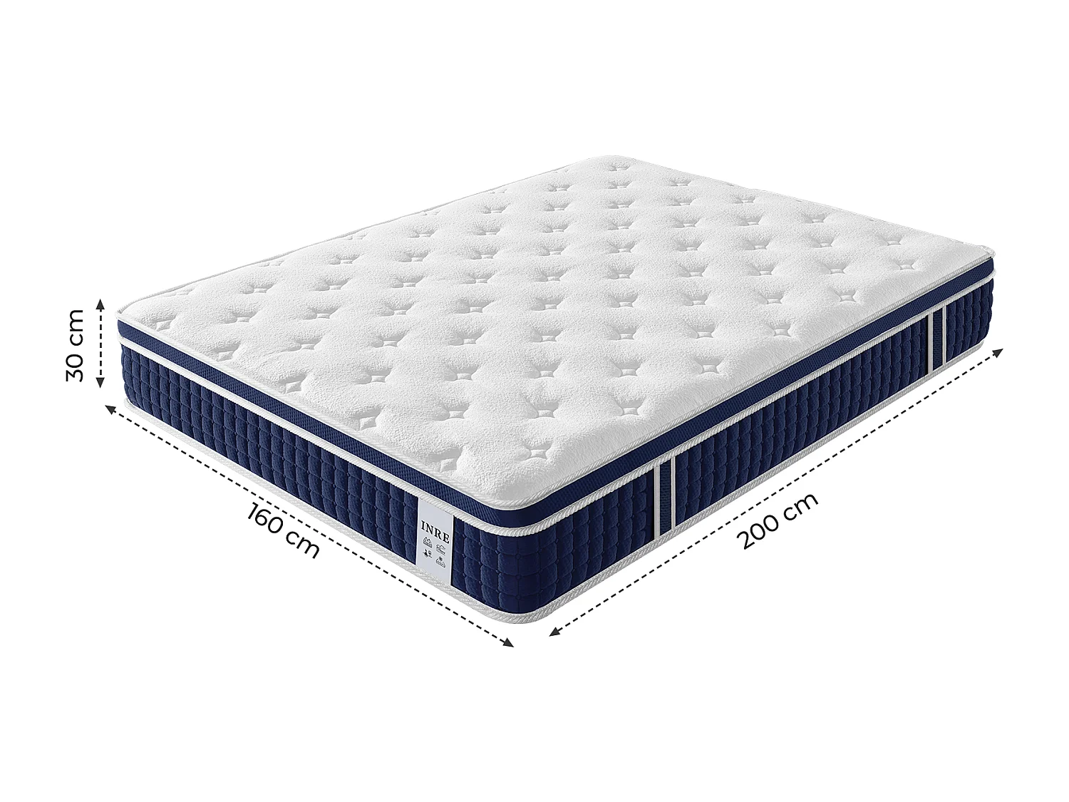 Matelas 160x200 cm INRE, Épais 30 cm, Matelas Hybride avec Ressorts Ensachés et Mousse à Mémoire de Forme, Soutien 7 Zones, Moyenne Ferme