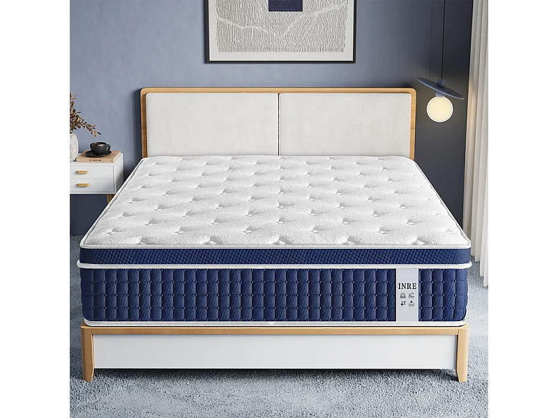 Matelas 160x200 cm INRE, Épais 30 cm, Matelas Hybride avec Ressorts Ensachés et Mousse à Mémoire de Forme, Soutien 7 Zones, Moyenne Ferme