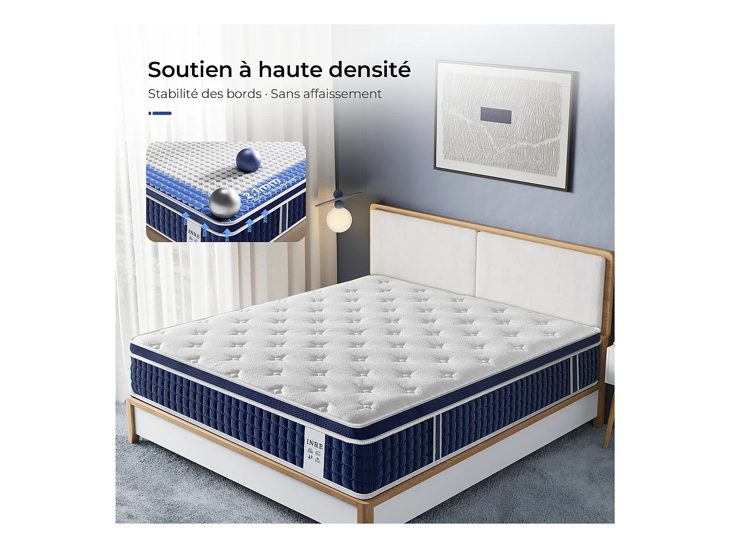 Matelas 140x190 cm INRE, Épais 30 cm, Matelas Hybride avec Ressorts Ensachés et Mousse à Mémoire de Forme, Soutien 7 Zones, Moyenne Ferme