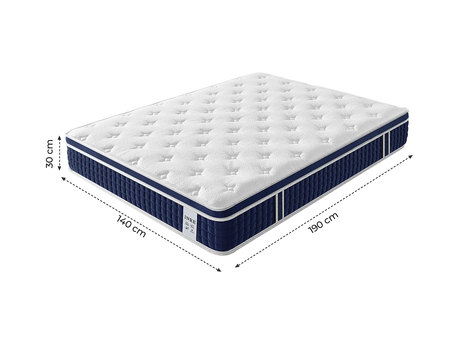 Matelas 140x190 cm INRE, Épais 30 cm, Matelas Hybride avec Ressorts Ensachés et Mousse à Mémoire de Forme, Soutien 7 Zones, Moyenne Ferme