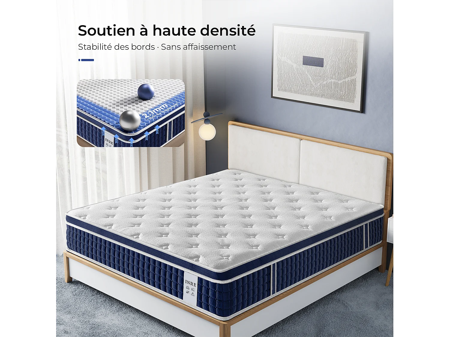 Matelas 140x190 cm INRE, Épais 30 cm, Matelas Hybride avec Ressorts Ensachés et Mousse à Mémoire de Forme, Soutien 7 Zones, Moyenne Ferme