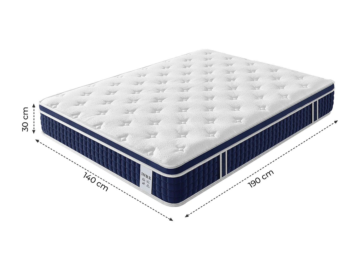 Matelas 140x190 cm INRE, Épais 30 cm, Matelas Hybride avec Ressorts Ensachés et Mousse à Mémoire de Forme, Soutien 7 Zones, Moyenne Ferme