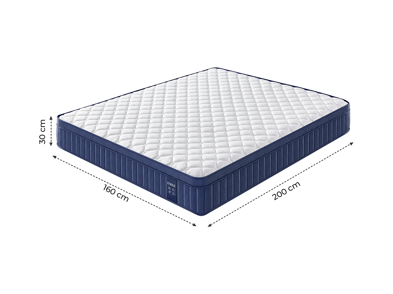 Matelas 160x200 cm INRE, Épais 30cm, Matelas Hybride, Ressorts Ensachés Mémoire de Forme, 7 Zones, Ferme