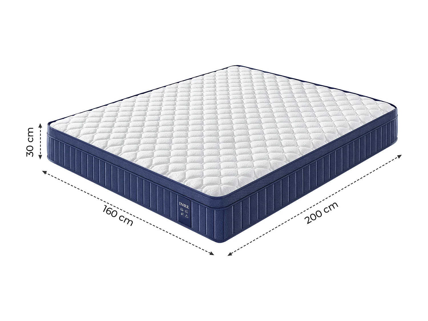 Matelas 160x200 cm INRE, Épais 30cm, Matelas Hybride, Ressorts Ensachés Mémoire de Forme, 7 Zones, Ferme