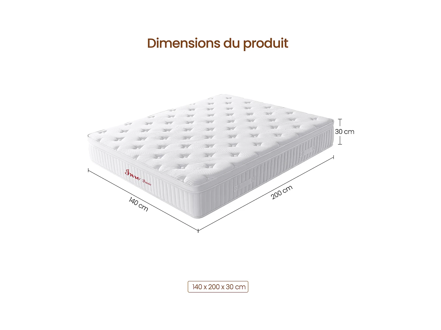 Matelas 140x200 cm INRE, Épais 30 cm, Hybride, Ressorts Ensachés, Mémoire de Forme, 7 Zones, Moyenne Ferme, Confort et Qualité Exceptionnels