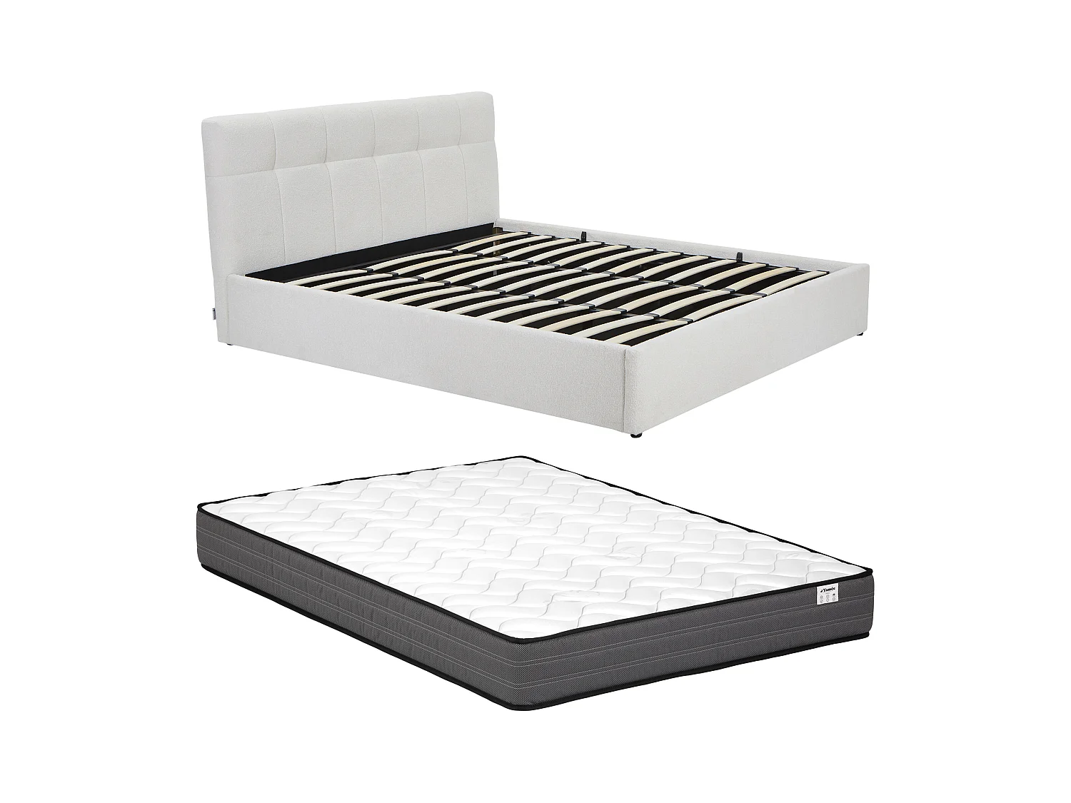 Lit coffre 180 x 200 cm - Tissu bouclette - Blanc + Matelas - MAZIRI