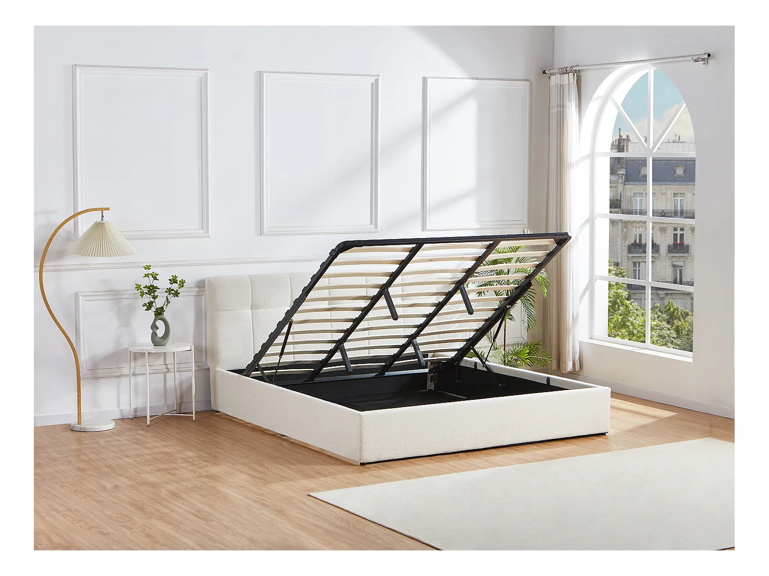 Lit coffre 180 x 200 cm - Tissu bouclette - Blanc + Matelas - MAZIRI