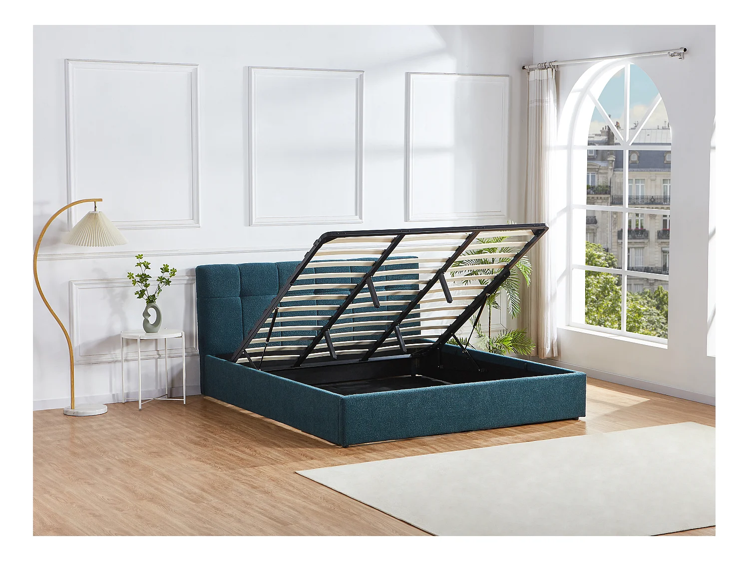 Letto con contenitore 180 x 200 cm - Tessuto bouclette Blu petrolio + Materasso - MAZIRI