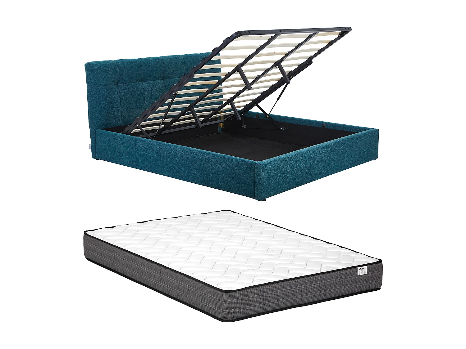 Bed met opbergruimte + Matras 180 x 200 cm - Bouclé stof - Petrolblauw - MAZIRI