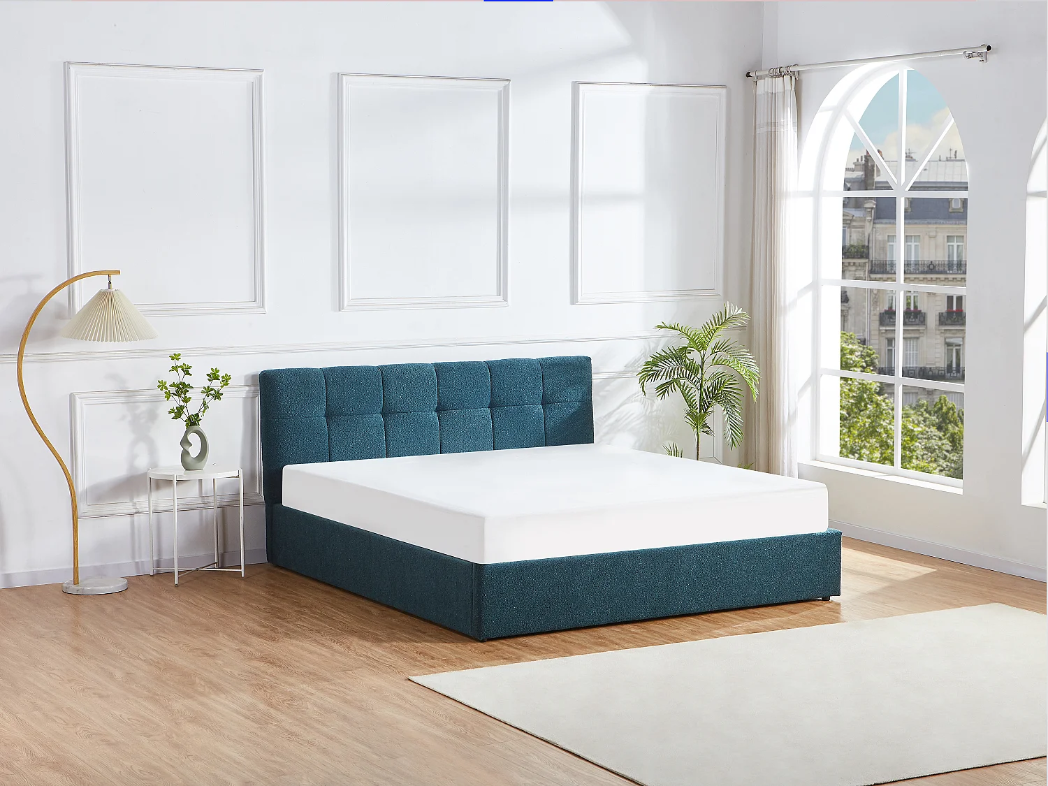 Letto con contenitore 180 x 200 cm - Tessuto bouclette Blu petrolio + Materasso - MAZIRI