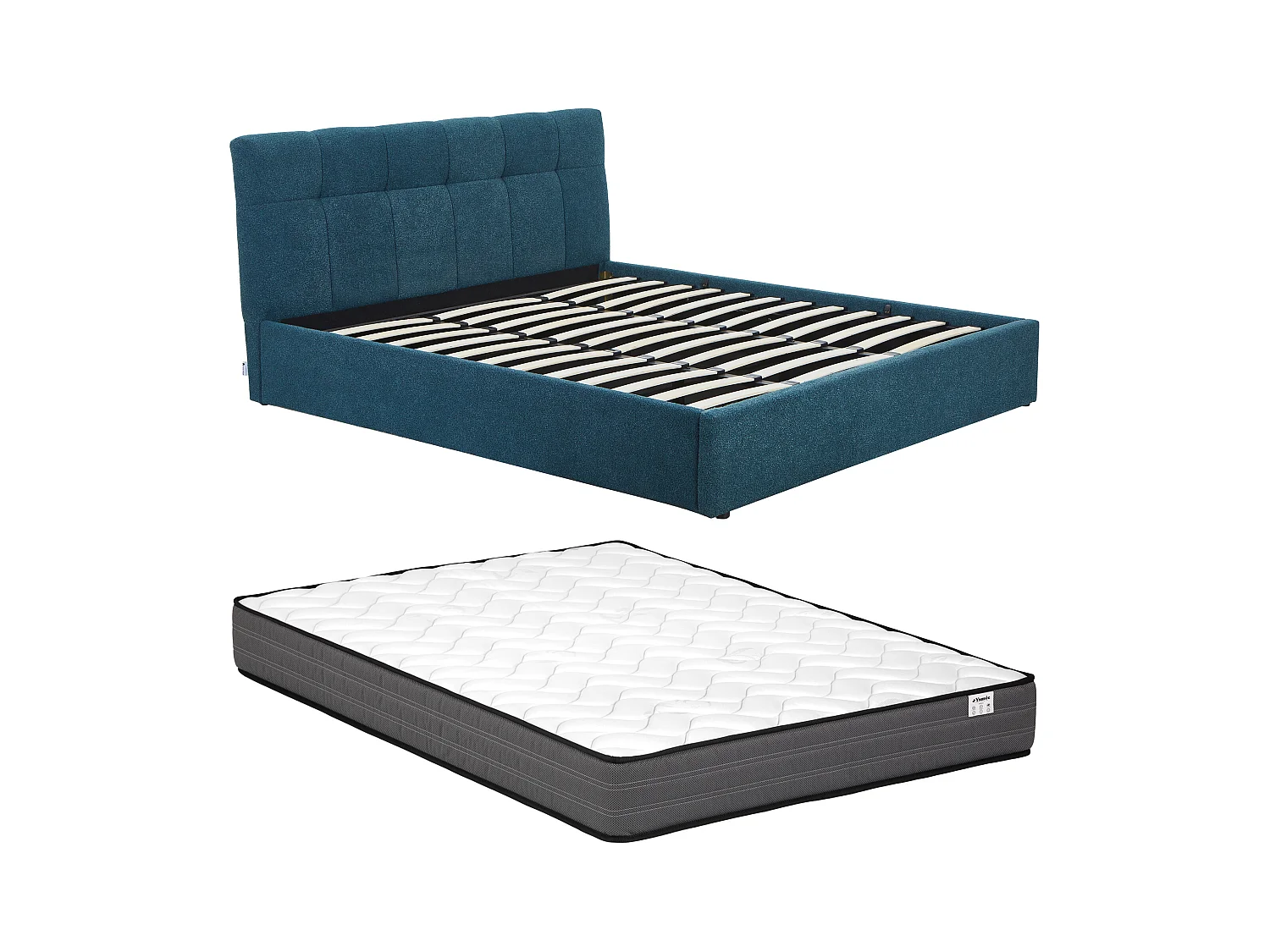 Lit coffre 180 x 200 cm - Tissu bouclette - Bleu canard + Matelas - MAZIRI