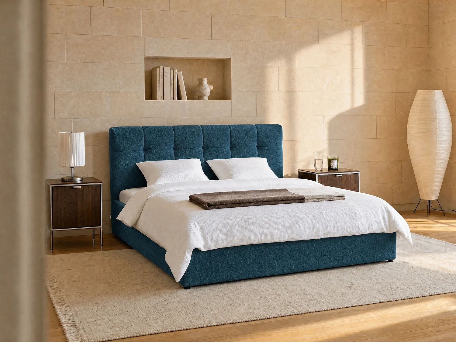 Letto con contenitore 180 x 200 cm Tessuto bouclette Blu petrolio + Materasso - MAZIRI