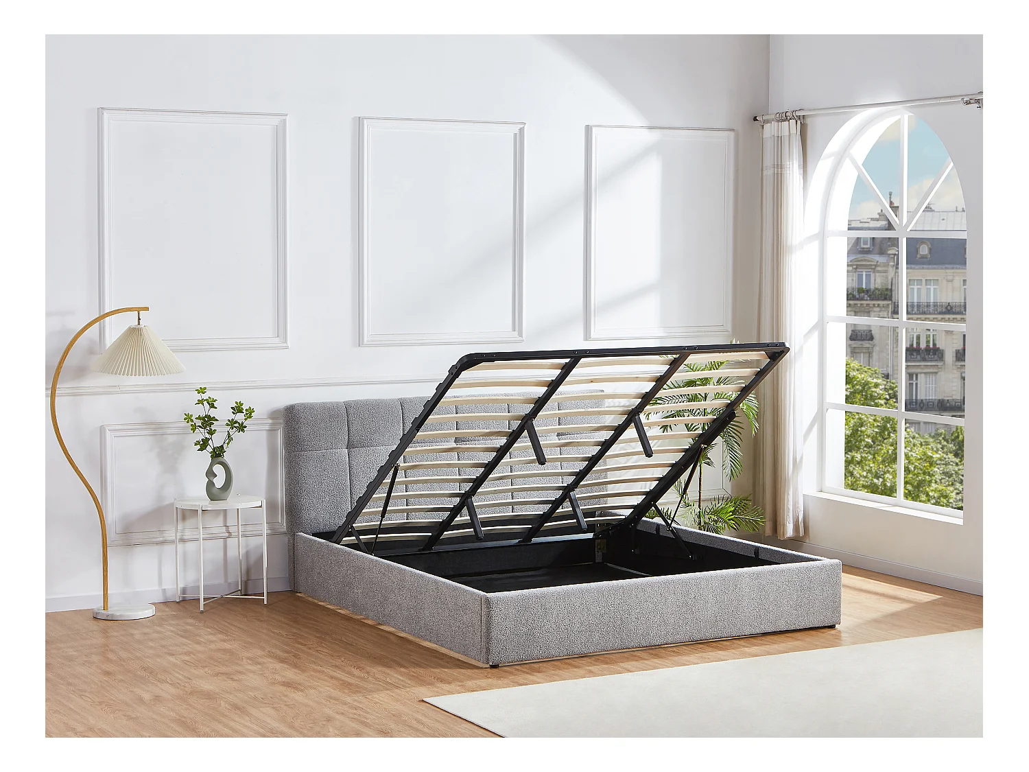 Letto con contenitore 180 x 200 cm - Tessuto bouclette Grigio + Materasso - MAZIRI