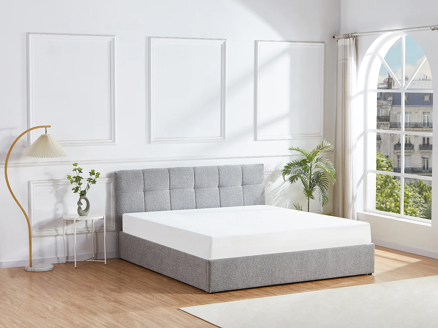 Bett mit Bettkasten - 180 x 200 cm - Bouclé-Stoff - Grau + Matratze - MAZIRI