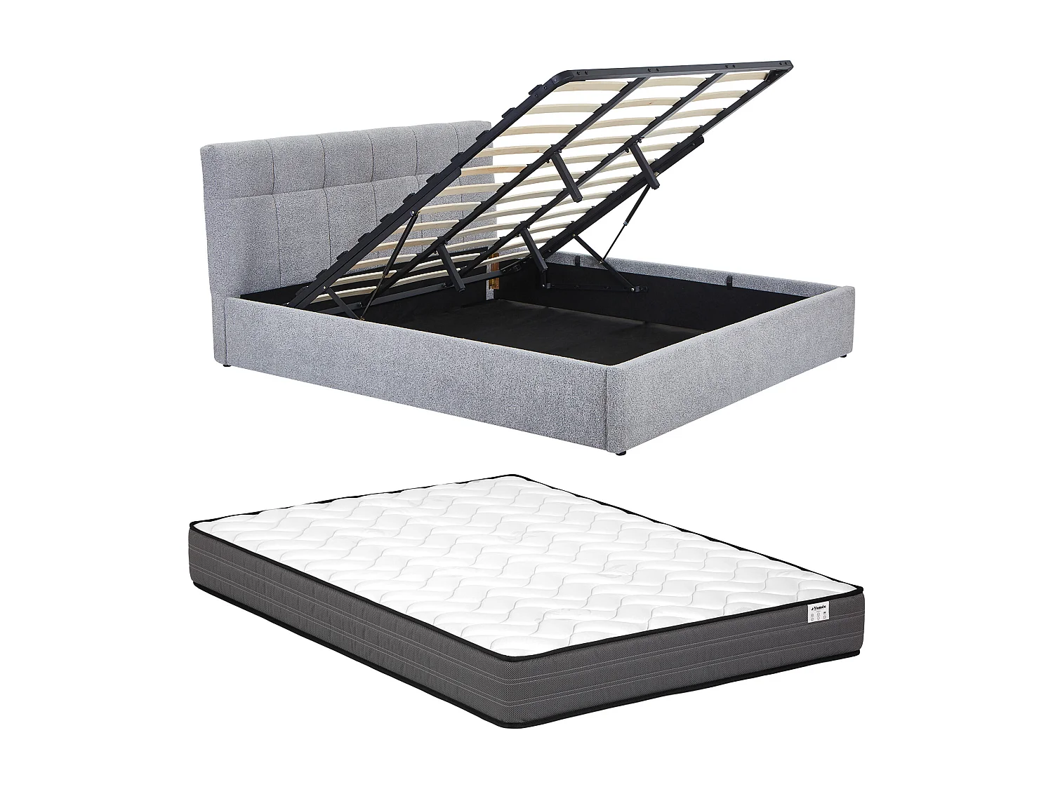 Bett mit Bettkasten - 180 x 200 cm - Bouclé-Stoff - Grau + Matratze - MAZIRI