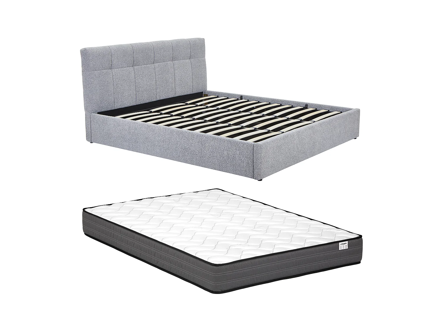 Lit coffre 180 x 200 cm - Tissu bouclette - Gris + Matelas - MAZIRI
