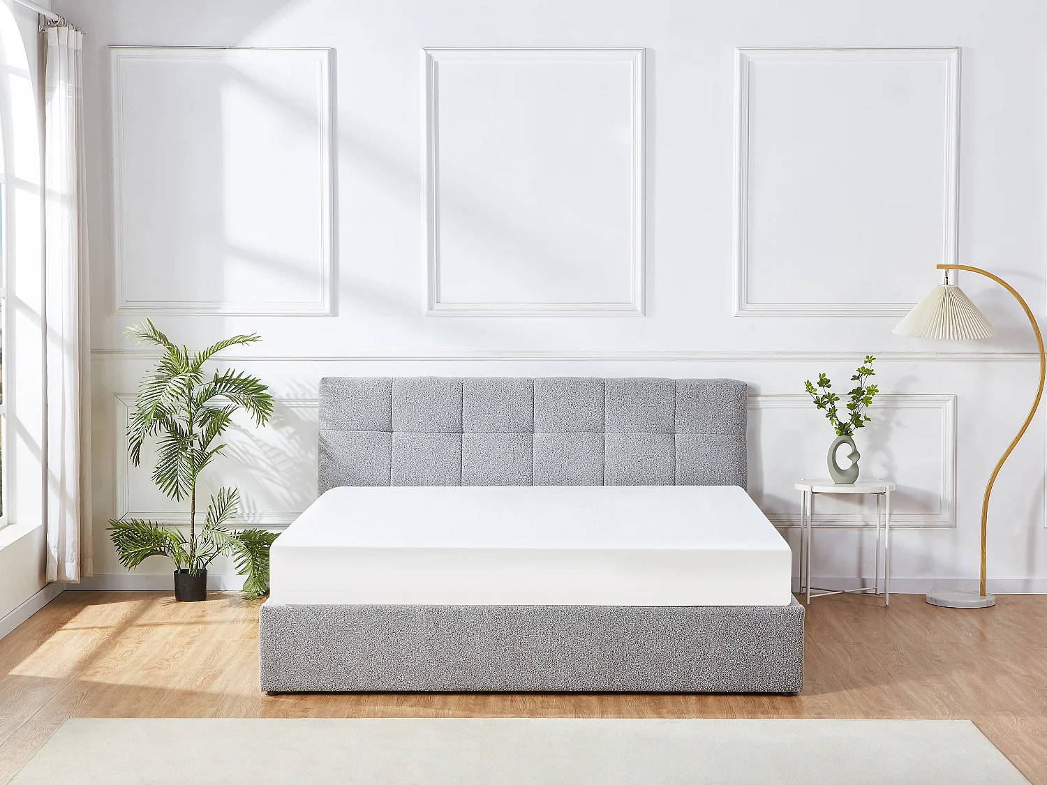 Lit coffre 180 x 200 cm - Tissu bouclette - Gris + Matelas - MAZIRI