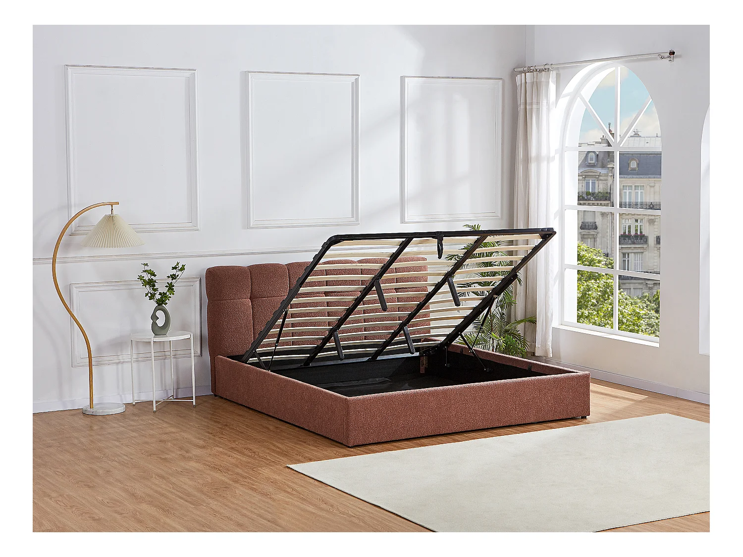 Letto con contenitore 180 x 200 cm - Tessuto bouclette Terracotta + Materasso - MAZIRI