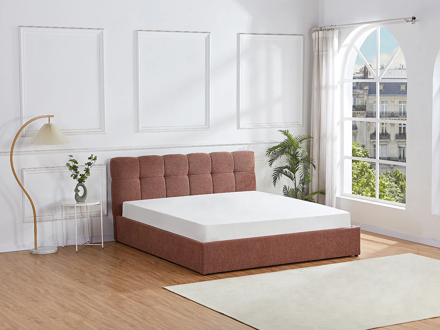 Letto con contenitore 180 x 200 cm - Tessuto bouclette Terracotta + Materasso - MAZIRI
