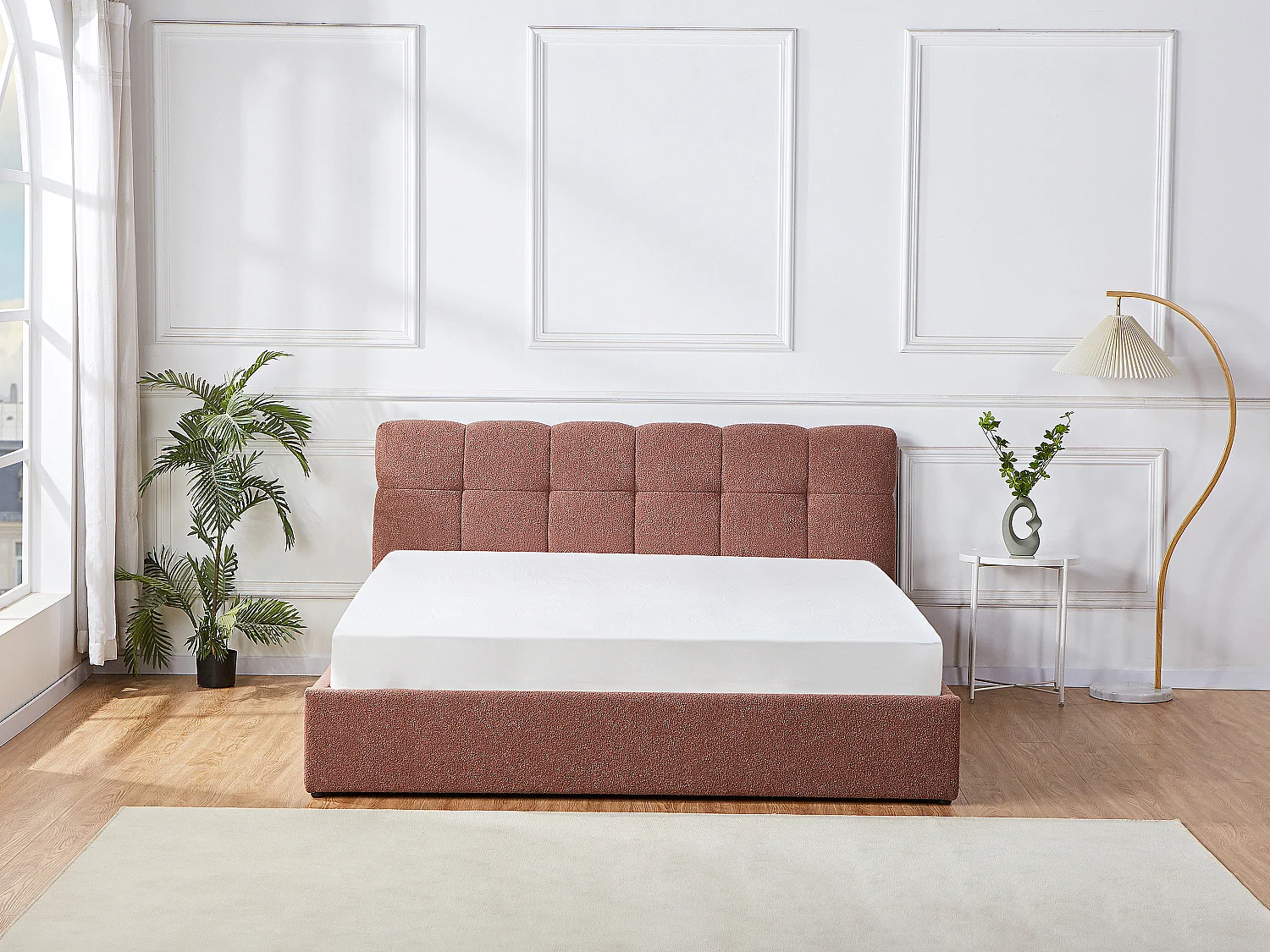 Lit coffre 180 x 200 cm - Tissu bouclette - Terracotta + Matelas - MAZIRI