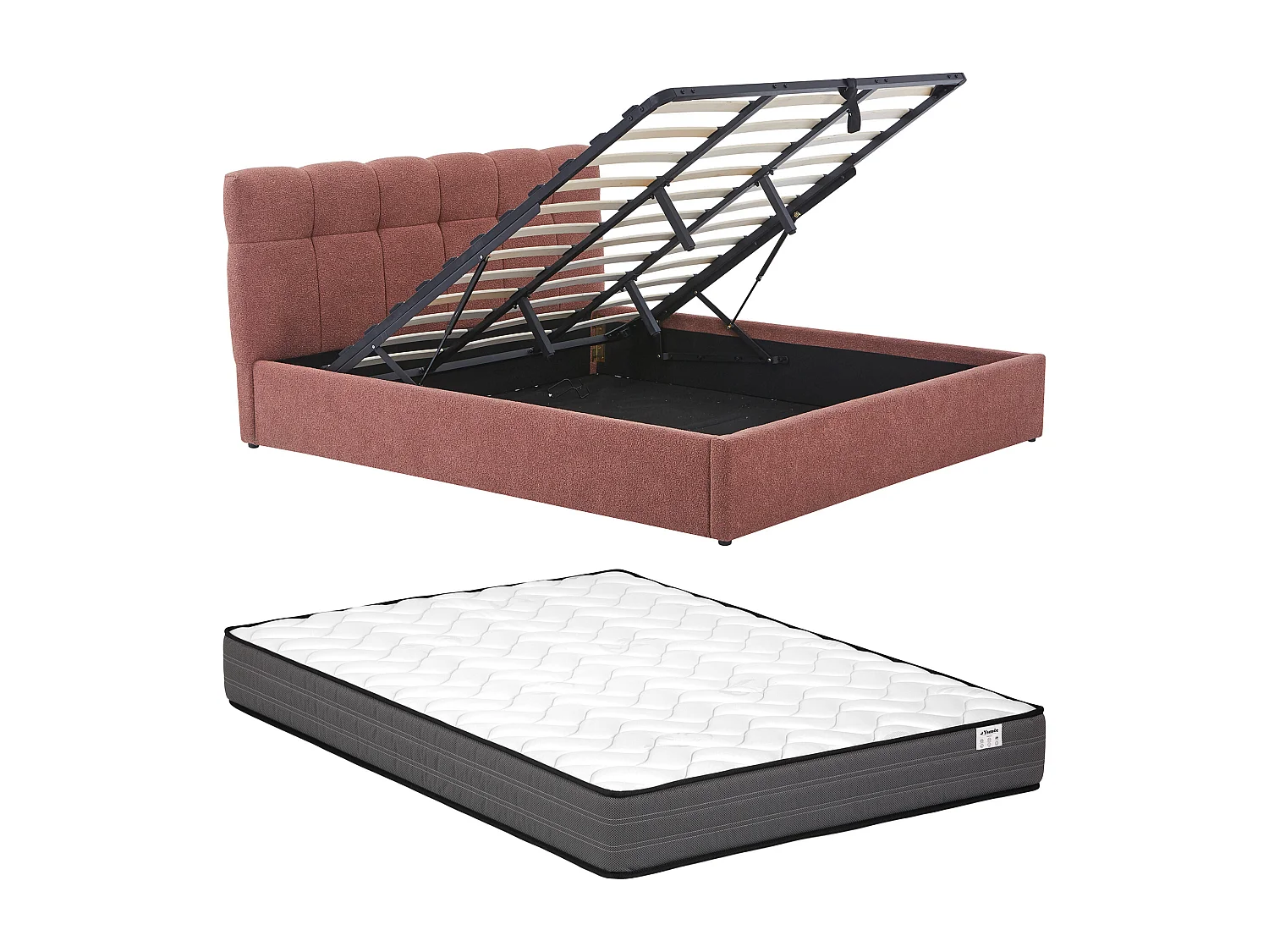 Lit coffre 180 x 200 cm - Tissu bouclette - Terracotta + Matelas - MAZIRI