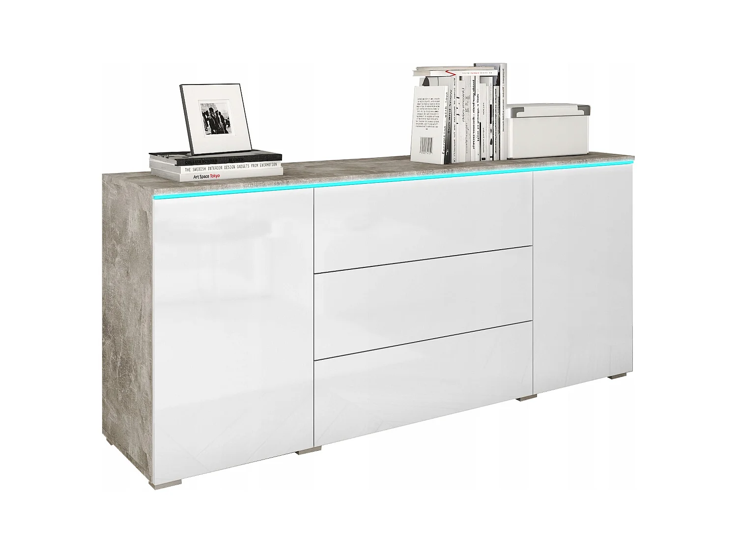 Commode moderne 150 cm avec LED pour salon – corps béton mat, façades blanc brillant, 3 tiroirs et 2 portes