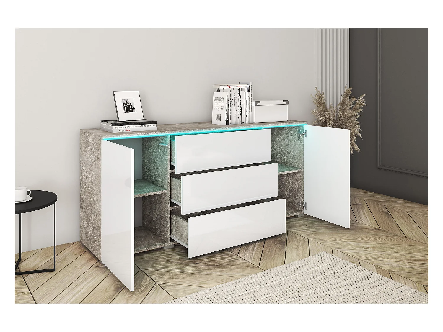 Commode moderne 150 cm avec LED pour salon – corps béton mat, façades blanc brillant, 3 tiroirs et 2 portes