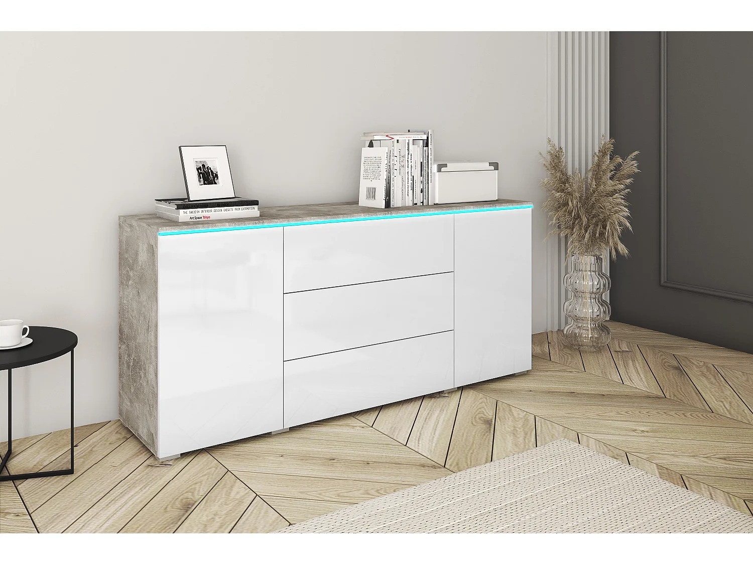 Nowoczesna komoda 150 cm do salonu z LED – korpus beton mat, fronty biały połysk, 3 szuflady i 2 szafki