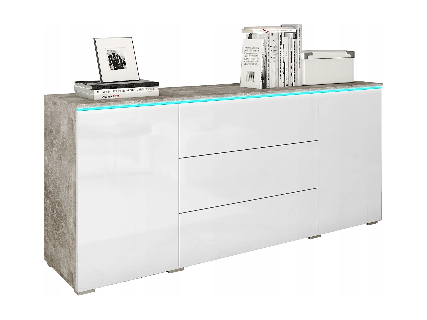 Nowoczesna komoda 150 cm do salonu z LED – korpus beton mat, fronty biały połysk, 3 szuflady i 2 szafki