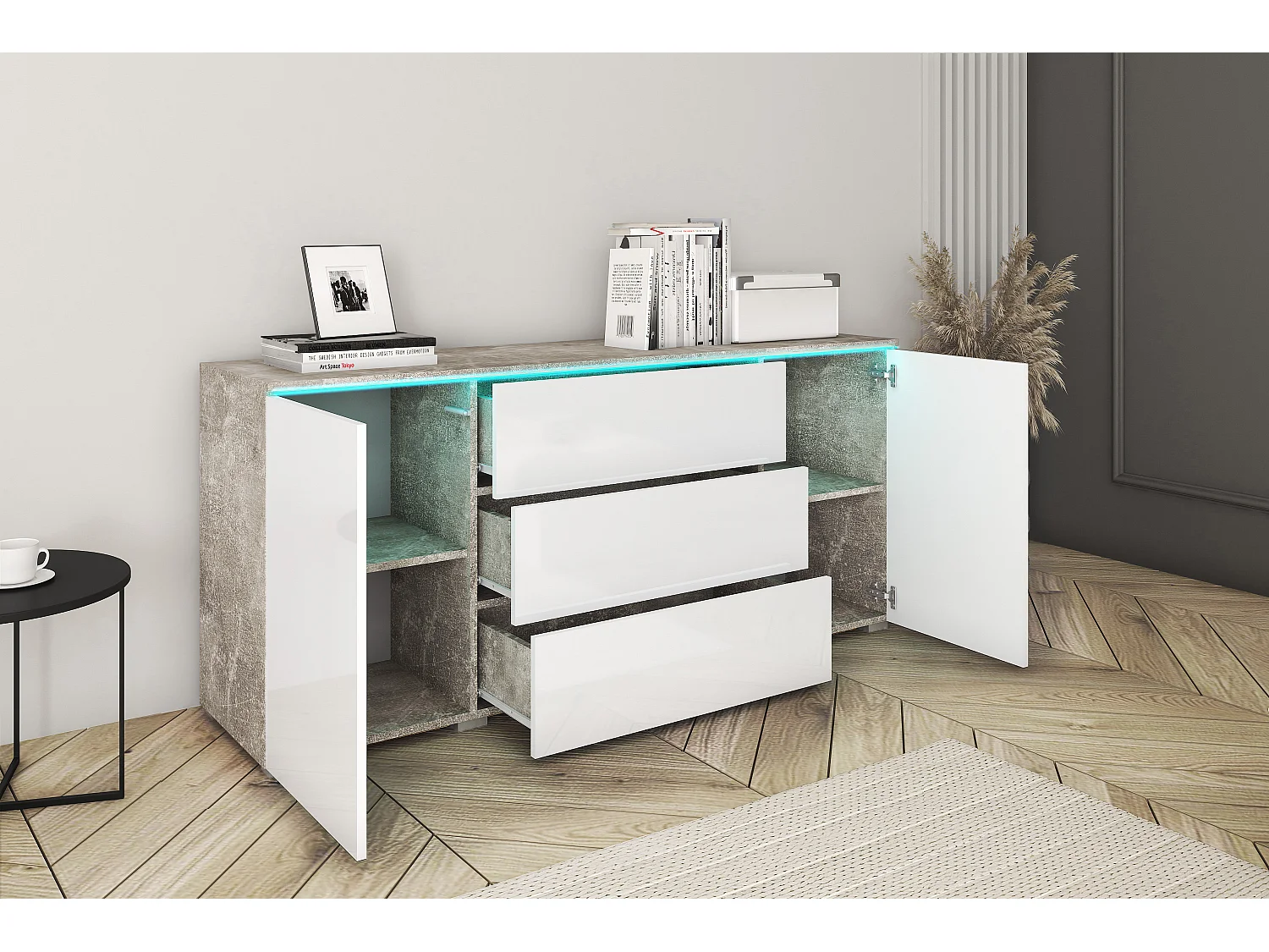 Nowoczesna komoda 150 cm do salonu z LED – korpus beton mat, fronty biały połysk, 3 szuflady i 2 szafki