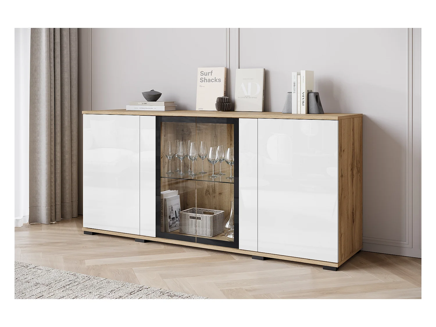 Credenza 150 cm con LED per soggiorno – vetrina moderna con vetri, corpo rovere wotan frontali bianco lucido