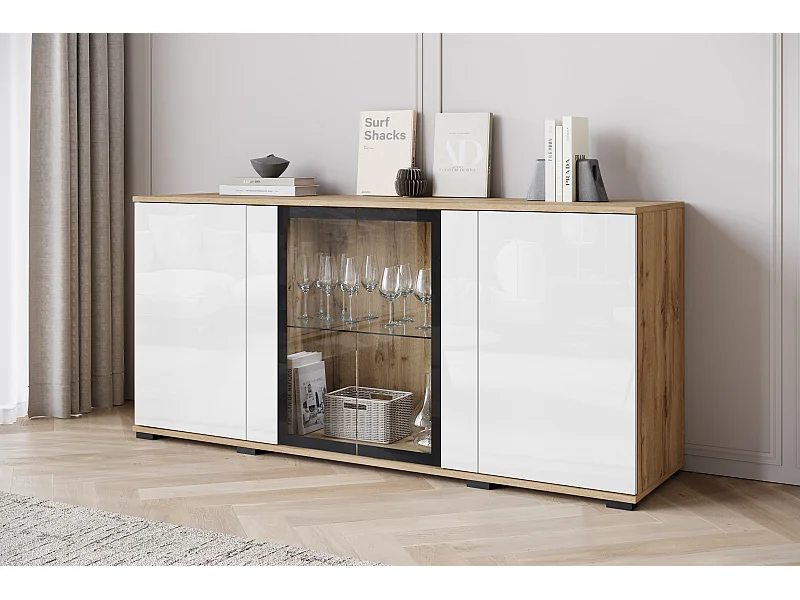 Commode 150 cm avec LED pour salon – vitrine moderne avec vitrages, corps chêne wotan façades blanc brillant