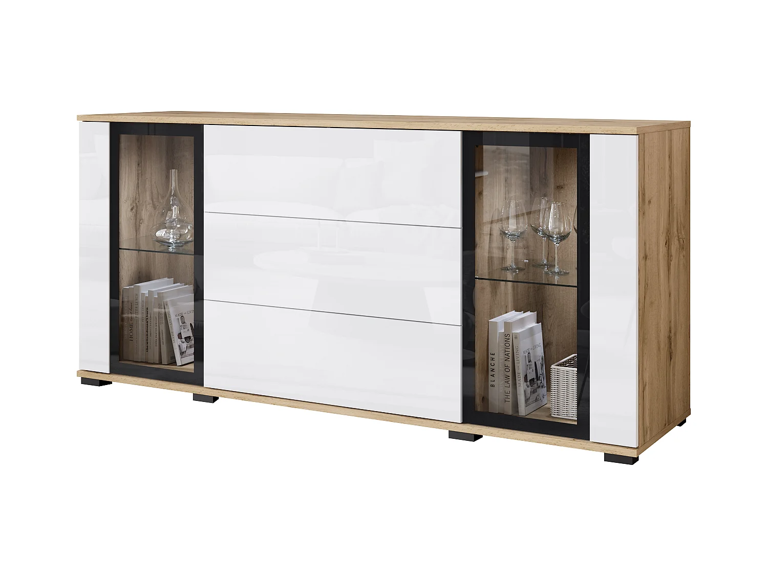 Commode 150 cm pour salon avec LED – vitrine moderne avec vitrages + tiroirs, chêne wotan