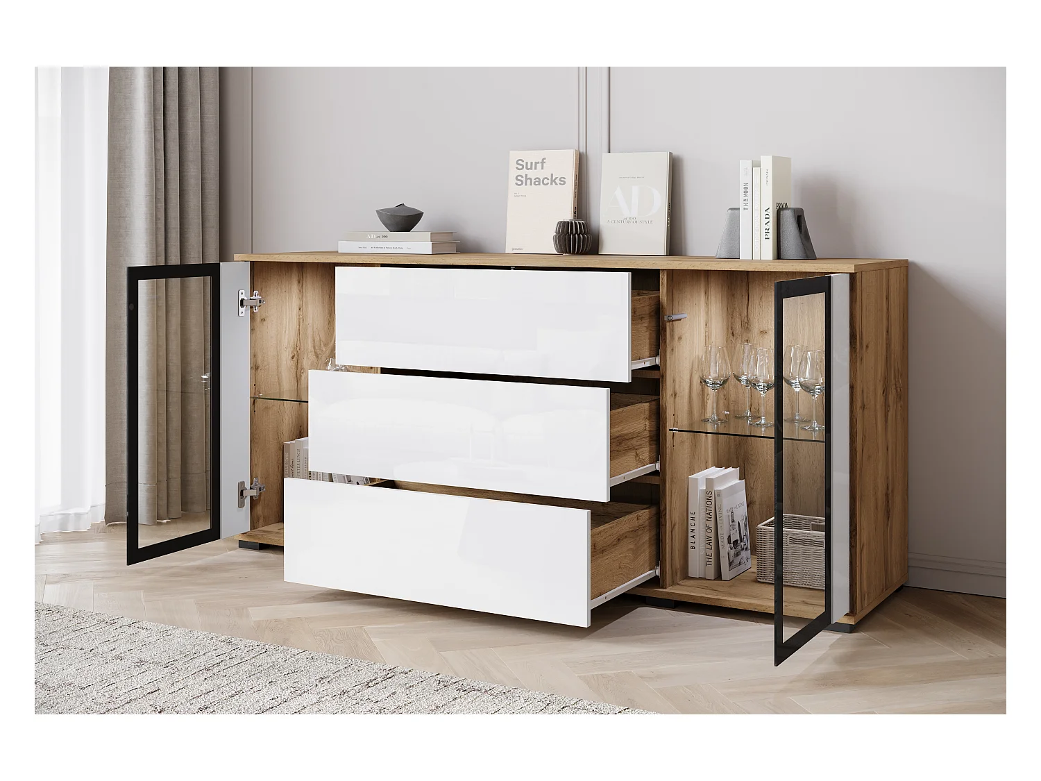 Commode 150 cm pour salon avec LED – vitrine moderne avec vitrages + tiroirs, chêne wotan