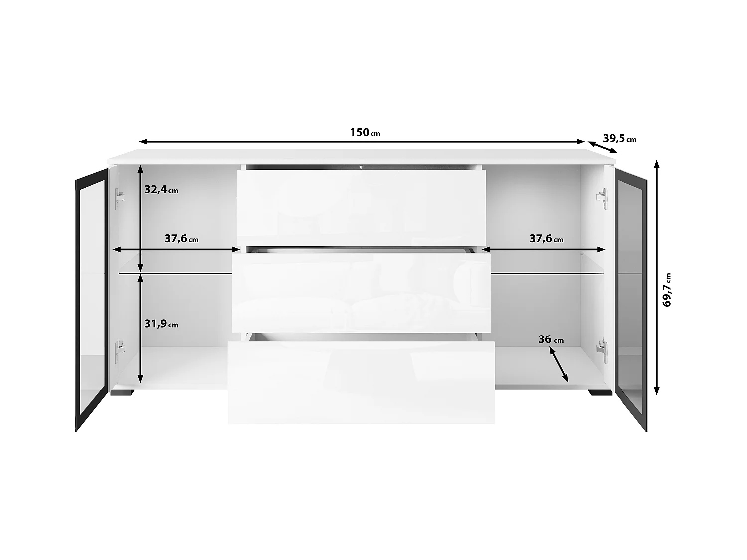 Commode 150 cm pour salon avec LED – vitrine moderne avec vitrages + tiroirs, chêne wotan