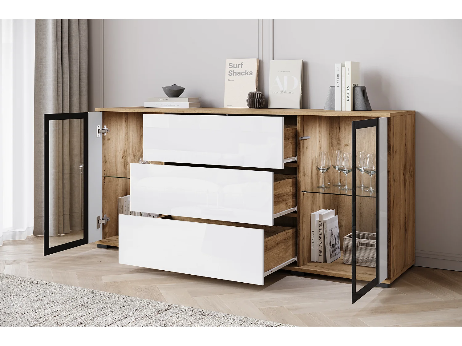 Aparador 150 cm para salón con LED – vitrina moderna con cristales + cajones, roble wotan