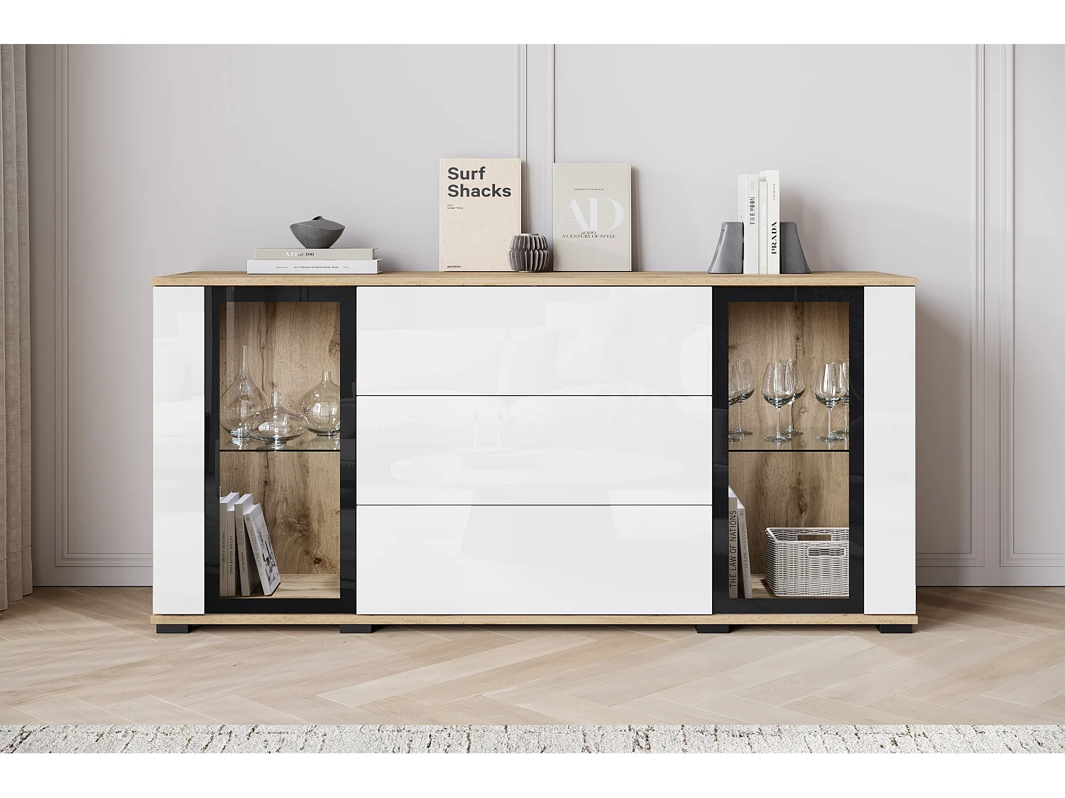 Aparador 150 cm para salón con LED – vitrina moderna con cristales + cajones, roble wotan