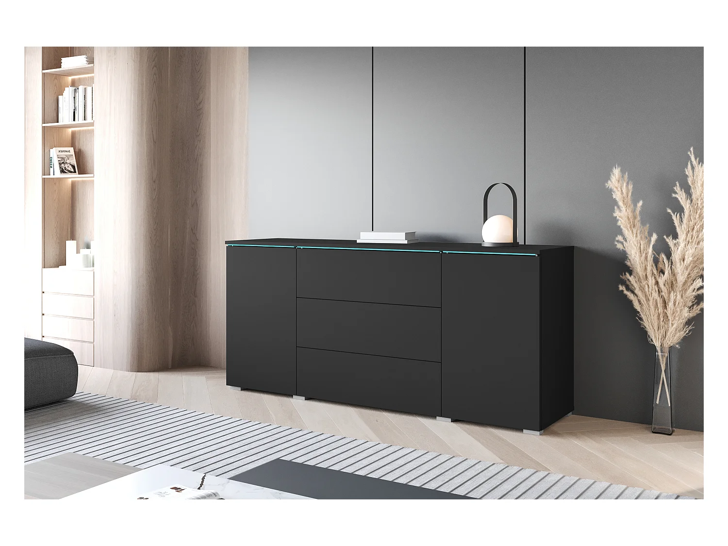 Commode moderne 150 cm avec LED pour salon – finition mate, 3 tiroirs et 2 portes noir mat